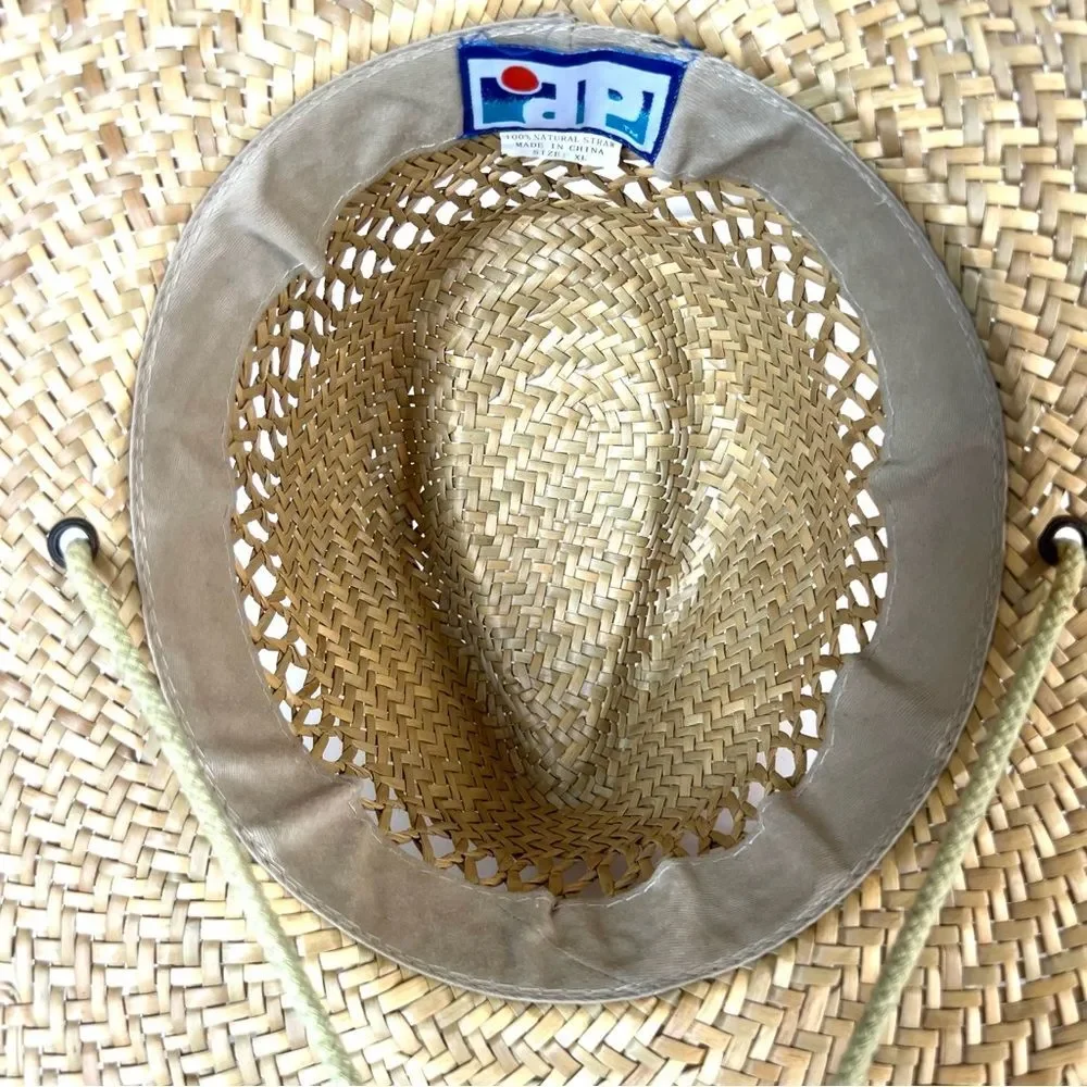 Dorfman Pacific Wide Brim Natural Straw Sun Hat with Green Band Chin Strap XL